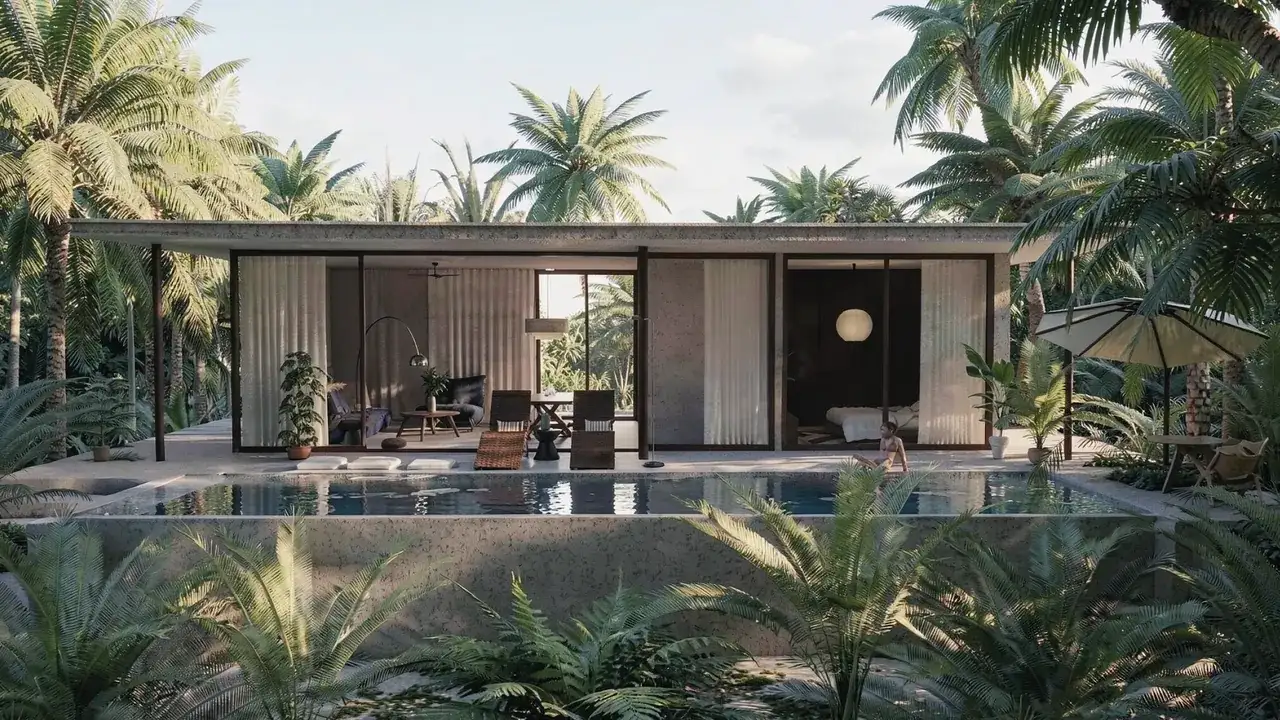 Exterior of the Maison Ceylon 1-bedroom turnkey villa in Sri Lanka with private pool framed by coconut palms